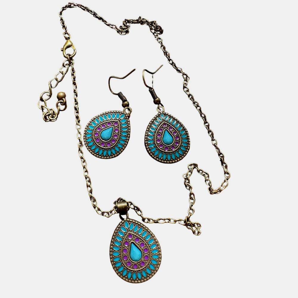 Boho Teardrop Necklace & Earrings Set Turquoise Purple Gold Tone Festival Gift